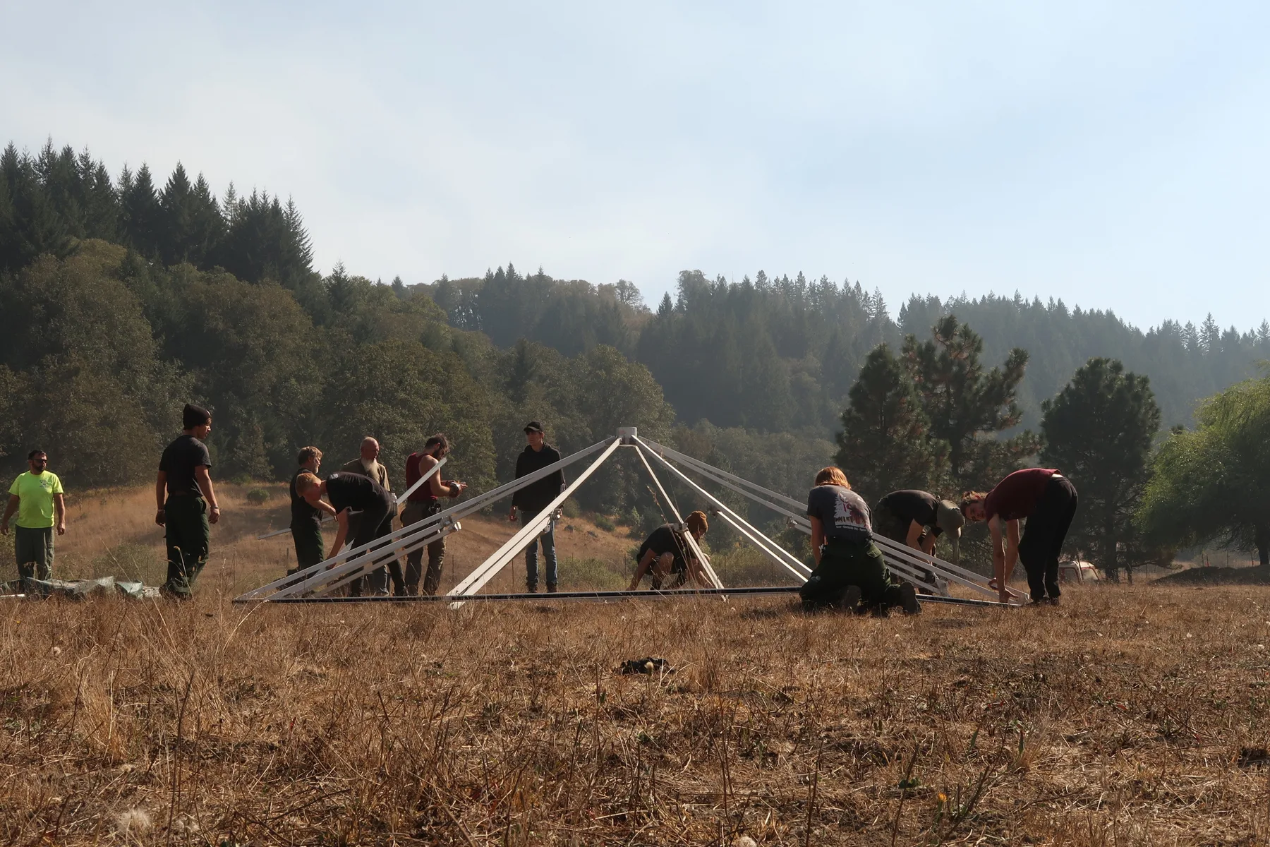 An Evergreen Resource crew raising a yurt frame in a field at evening light