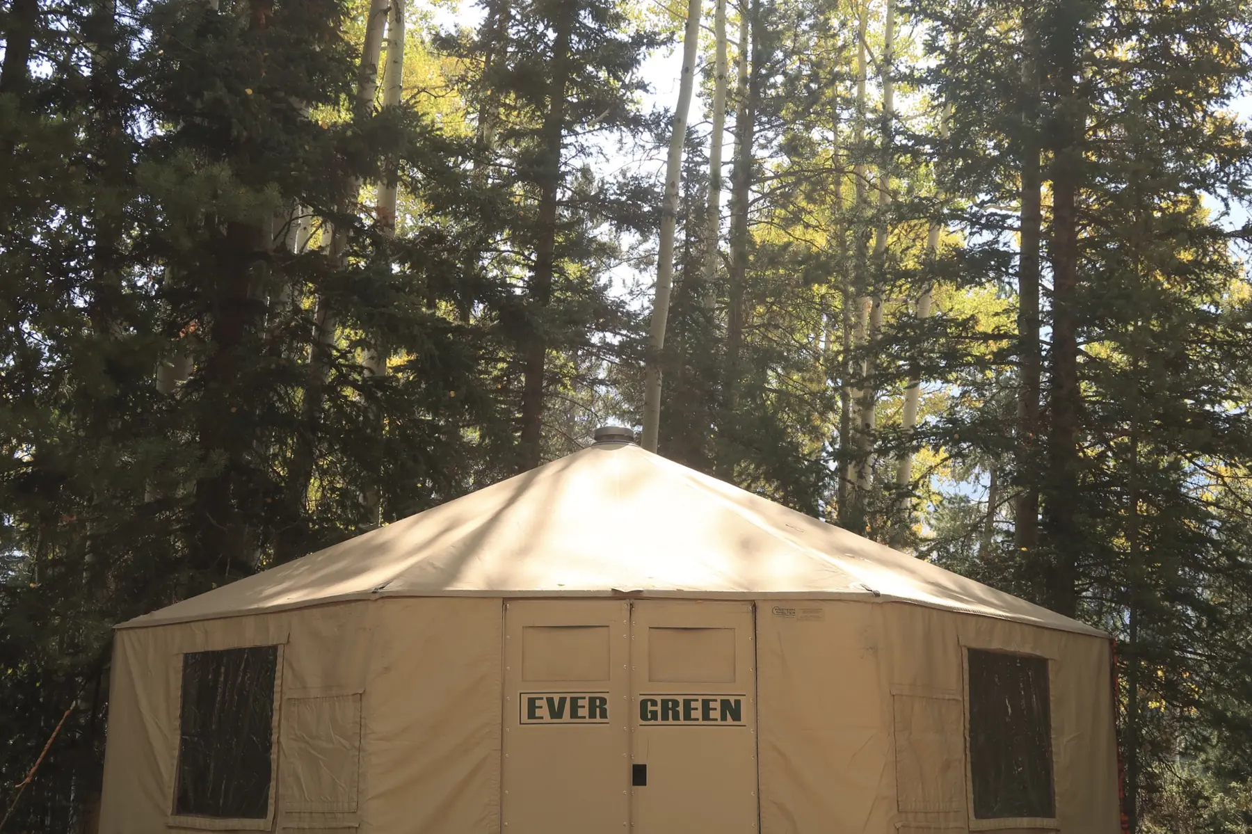 A branded Evergreen yurt set among golden aspens